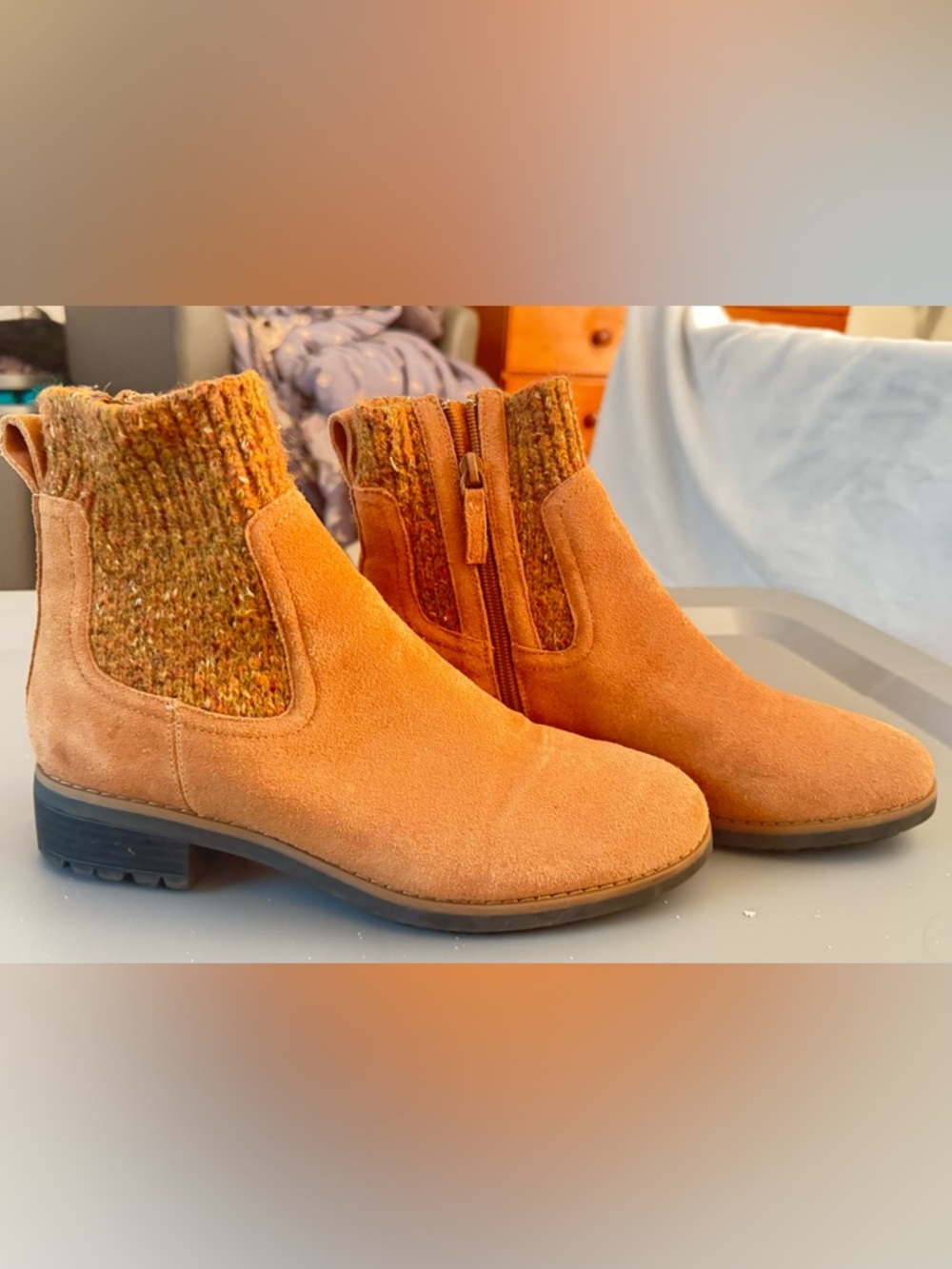 Knit-Cuff Suede Ankle Booties - Tan